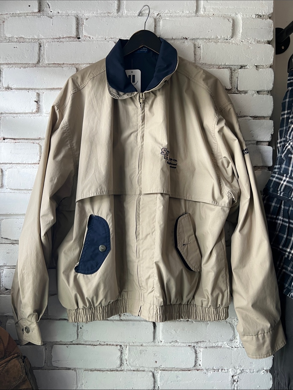 Preppy zip up two tone jacket windbreaker beige and navy